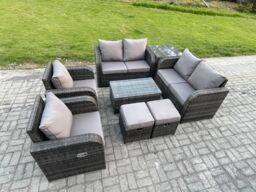 Fimous 8 Seater Rattan Garden Furniture Set Patio Outdoor Lounge Sofa Set with Rectangular Coffee Table 2 Small Footstools Love Sofa Side Table - thumbnail 2