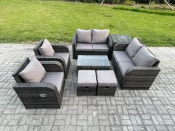 Fimous 8 Seater Rattan Garden Furniture Set Patio Outdoor Lounge Sofa Set with Rectangular Coffee Table 2 Small Footstools Love Sofa Side Table - thumbnail 1