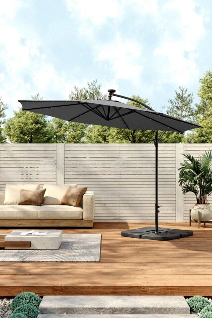 Living and Home Outdoor 32 LED Lighted Patio Umbrella with Crank Lift System, 2 Bases Set in Dark Grey - image 1