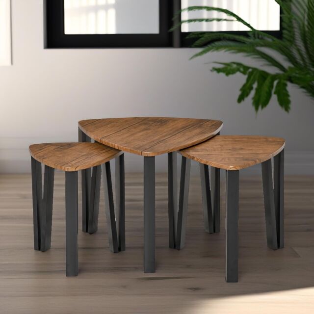 Pirlo Plush Industrial Set Of 3 Nesting Tables Rustic in Brown - image 1