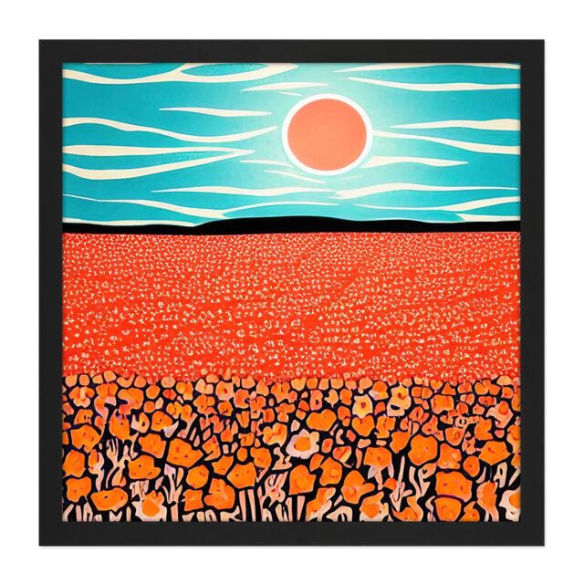 "Artery8 Wall Art Print Landscape California Poppy Flowers Blue Sky Sunrise Painting Square Framed Picture 16X16 Inch in Black - Size: W16"" x H16""" - image 1