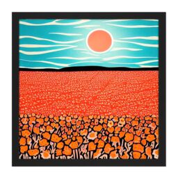 "Artery8 Wall Art Print Landscape California Poppy Flowers Blue Sky Sunrise Painting Square Framed Picture 16X16 Inch in Black - Size: W16"" x H16""" - thumbnail 1