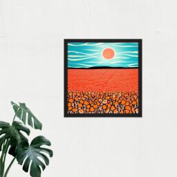 "Artery8 Wall Art Print Landscape California Poppy Flowers Blue Sky Sunrise Painting Square Framed Picture 16X16 Inch in Black - Size: W16"" x H16""" - thumbnail 2