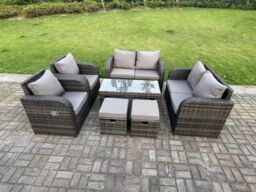 Fimous 8 Seater Dark Grey PE Rattan Garden Furniture Set Reclining Chair 2 Seater Love Sofa Set Coffee Table Stools - thumbnail 2