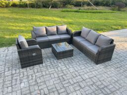 Fimous Outdoor Rattan Garden Furniture Set Conservatory Patio Sofa Coffee Table With Reclining Chair Dark Grey Mixed - thumbnail 2