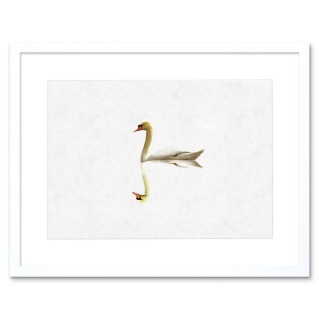 "Artery8 Wall Art Print Simple Swan Reflection Artwork Framed 9X7 Inch in White - Size: W7"" x H9""" - image 1