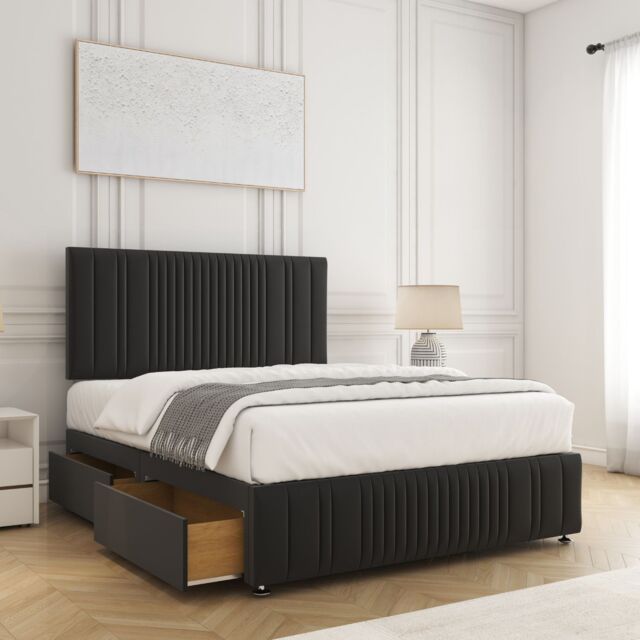 "BSSPOKE Rosie Plush Divan Bed Set 24""Headboard & 2Drawers Same Side & Mattress in Black - Size: Single" - image 1