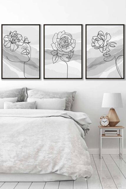 ARTZE Set of 3 Black Framed Female Line Art Floral Faces on Grey Wall Art in Light Grey - Size: W33 cm x H45 cm x D20mm - image 1