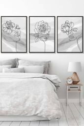 ARTZE Set of 3 Black Framed Female Line Art Floral Faces on Grey Wall Art in Light Grey - Size: W33 cm x H45 cm x D20mm - thumbnail 1