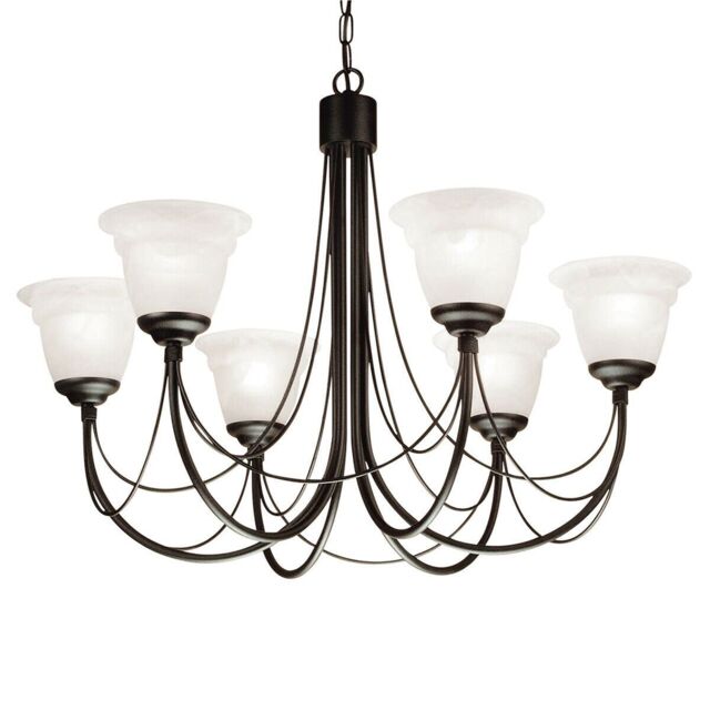 Loops 6 Bulb Chandelier Light Gothic Style Ivory Colour Candle Tube Black LED E14 60W