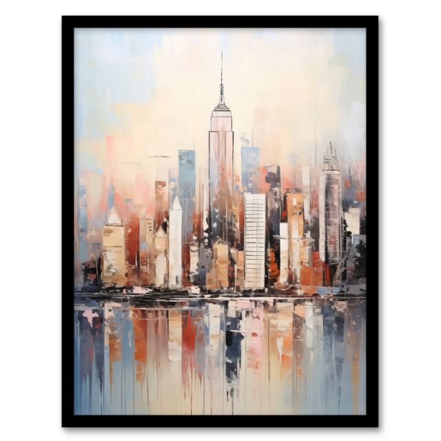 Artery8 Wall Art Print Manhattan Skyscraper Reflections Oil Painting By M Hinge Thick Oils Subtle Pastel Colours Artwork Art Framed - image 1