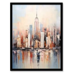 Artery8 Wall Art Print Manhattan Skyscraper Reflections Oil Painting By M Hinge Thick Oils Subtle Pastel Colours Artwork Art Framed - thumbnail 1