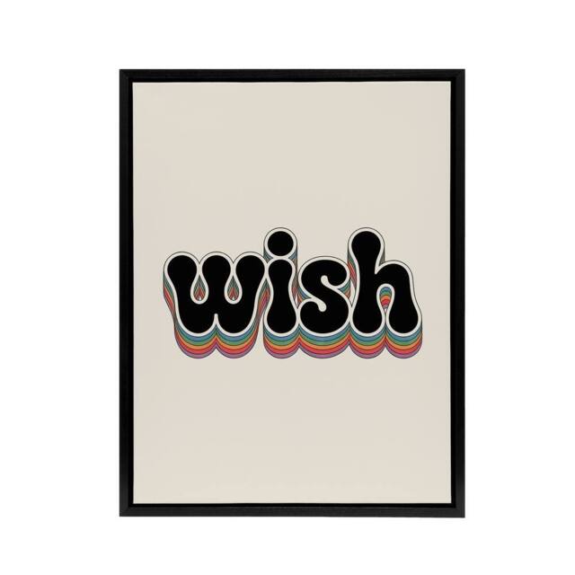"Artery8 Wish Colourful Retro Rainbow Font Typography Framed Canvas Wall Art in Beige - Size: W12"" x H16""" - image 1