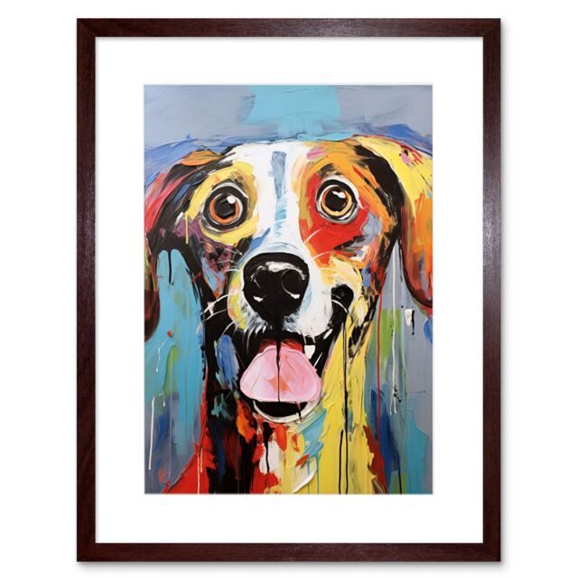Artery8 Wall Art Print Colourful Dog Portrait Artwork by Jason Brydson Happy Face Oil Painting Bold Bright Vibrant Artwork Framed 9X7 Inch - image 1