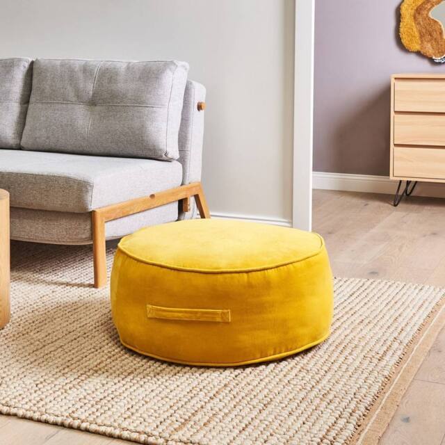Wyld and Coco Yellow Velvet Round Pouffe - Lightweight Ottoman Footstool - image 1