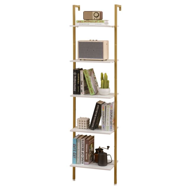 Gymax 5-Tier Ladder Shelf Wall Mounted Bookshelf with Anti-Tipping Kits in White