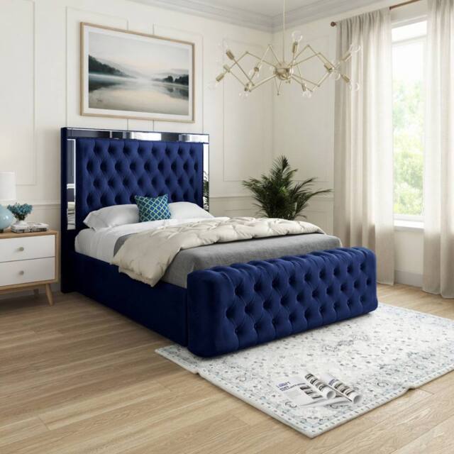 KDMD Reigate Mirror Upholstered Blue Soft Velvet Designer Bed Frame - Size: Double - image 1