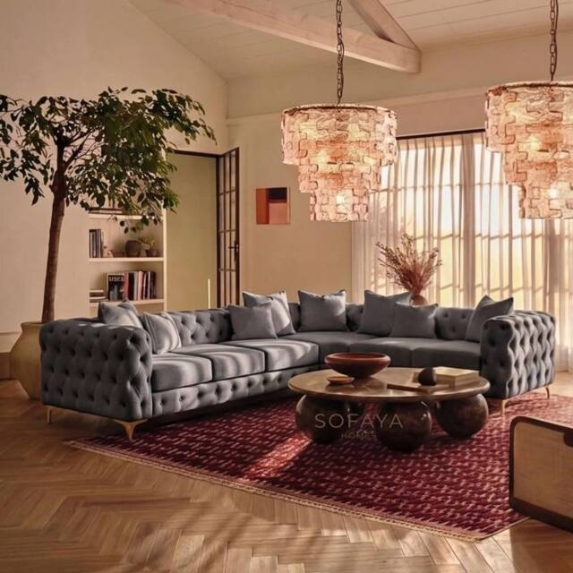 Sofaya Monaco Chesterfield 6 Seater Sofa Velvet Right Hand Corner Chaise in Grey - Size: 6 Person - image 1