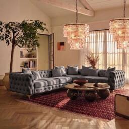 Sofaya Monaco Chesterfield 6 Seater Sofa Velvet Right Hand Corner Chaise in Grey - Size: 6 Person - thumbnail 1