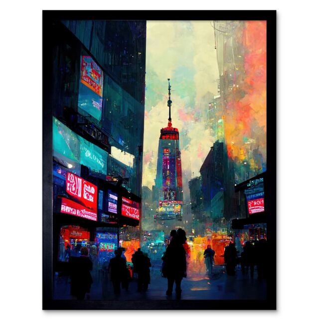 "Artery8 Wall Art Print Times Square New York Neon Street Art Framed in Black - Size: W12"" x H16""" - image 1