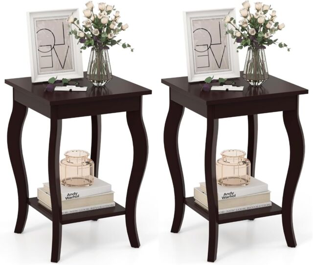 Gymax Set of 2 End Tables 2-Tier Accent Table Shelf with Elegant Curved Legs in Brown - image 1