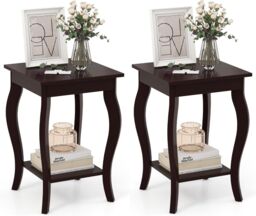 Gymax Set of 2 End Tables 2-Tier Accent Table Shelf with Elegant Curved Legs in Brown - thumbnail 1