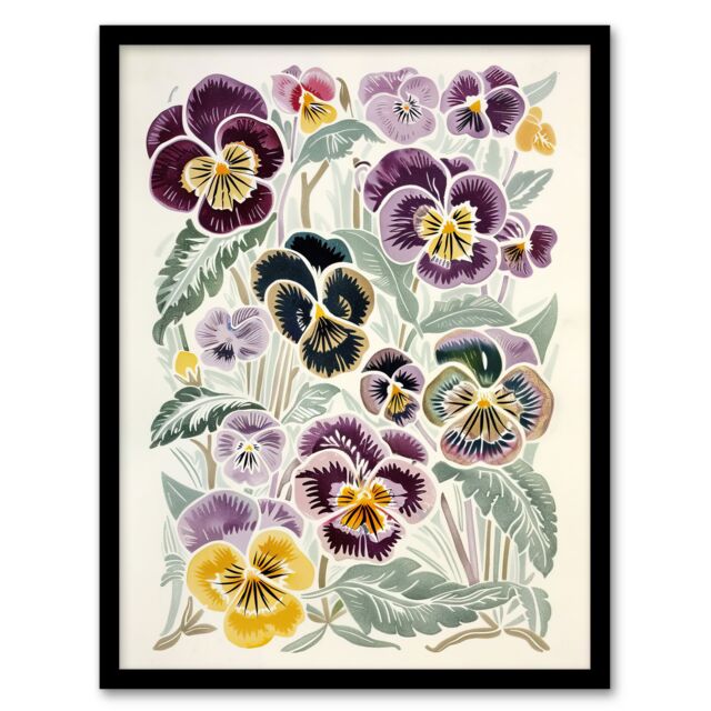 "Artery8 Floral Purple Yellow Pansies Wildflower Painting Framed Art Print - Size: W12"" x H16""" - image 1