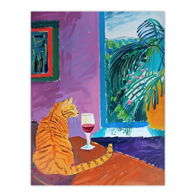 "Artery8 Wall Art Print Ginger Tabby Cat Wine Plant Lover Quiet Afternoon Poster in Purple - Size: W18"" x H24""" - image 1