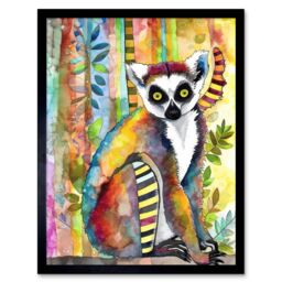 "Artery8 Wall Art Print Lemur Vibrant Portrait Folk Art Watercolour Painting Art Framed in Black - Size: W12"" x H16""" - thumbnail 1
