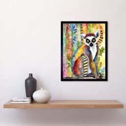 "Artery8 Wall Art Print Lemur Vibrant Portrait Folk Art Watercolour Painting Art Framed in Black - Size: W12"" x H16""" - thumbnail 2