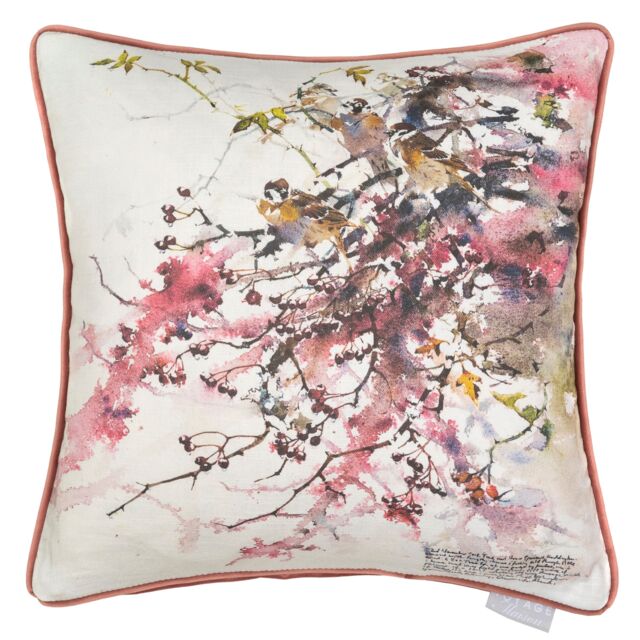 Voyage Maison Brushwood Blossom Floral Piped Cushion in Raspberry - Size: 43 cm x 43 cm