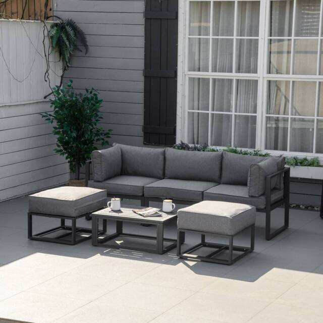 OUTSUNNY 6 PC Garden Daybed, Sectional Sofa Set with Coffee Table, Footstool in Grey - image 1