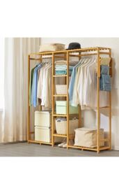 H&O Direct Wooden Clothes Rack with Storage Shelf & Side Hooks in Brown - thumbnail 1