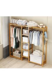 H&O Direct Wooden Clothes Rack with Storage Shelf & Side Hooks in Brown - thumbnail 2