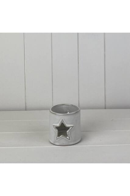 KDMD Glazed Ceramic Tealight Holder with Star Cut Out with Textured Detail in Grey - image 1