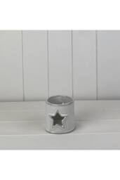 KDMD Glazed Ceramic Tealight Holder with Star Cut Out with Textured Detail in Grey
