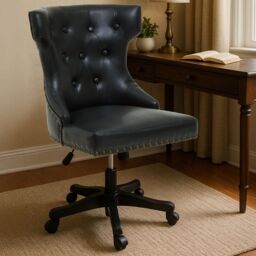 Orsina Black Leather‑Effect Office Chair, Tufted Wingback Seat with Studded Trim, Height‑Adjustable Swivel Chair