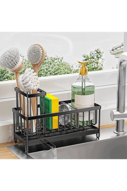 Living and Home Steel Kitchen Sink Caddy Organizer Rack with Drain Tray in Black - image 1