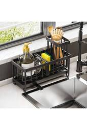 Living and Home Steel Kitchen Sink Caddy Organizer Rack with Drain Tray in Black - thumbnail 4