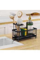 Living and Home Steel Kitchen Sink Caddy Organizer Rack with Drain Tray in Black - thumbnail 2