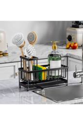 Living and Home Steel Kitchen Sink Caddy Organizer Rack with Drain Tray in Black - thumbnail 3