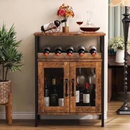KORVIXA Rustic Wooden Wine Goblet Rack Kitchen Wine Storage Cabinet in Brown - Size: 100 cm x 100 cm - thumbnail 5