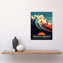 "Artery8 Wall Art Print The Seaside Calls South Beach Miami Florida USA Sunset Woman of the Waves Sea Siren Ocean Poster in Blue - Size: W24"" x H32""" - thumbnail 4