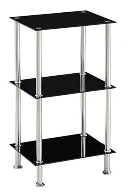 Modernique Square Tempered Glass Tier Shelf Storage Unit with Chrome Stand in Black - Size: Small