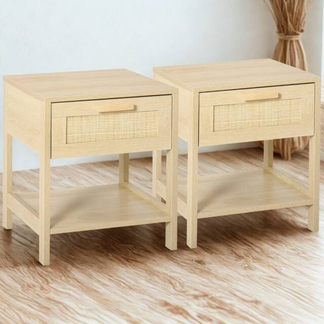 FURNOS 2PC Bedside Night Tables With Rattan Drawer & Shelf in Brown - image 1