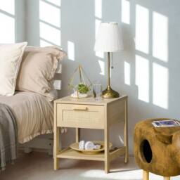 FURNOS 2PC Bedside Night Tables With Rattan Drawer & Shelf in Brown - thumbnail 3