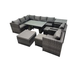 Fimous 11-seater Outdoor PE Rattan Sofa Set with with 3 Stools Side Table in Dark Grey - thumbnail 1