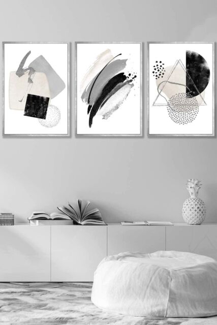 ARTZE Abstract Black Grey Ivory Watercolour Shapes Framed Wall Art - Medium in Metallic Silver - Size: W45 cm x H62 cm x D20mm - image 1