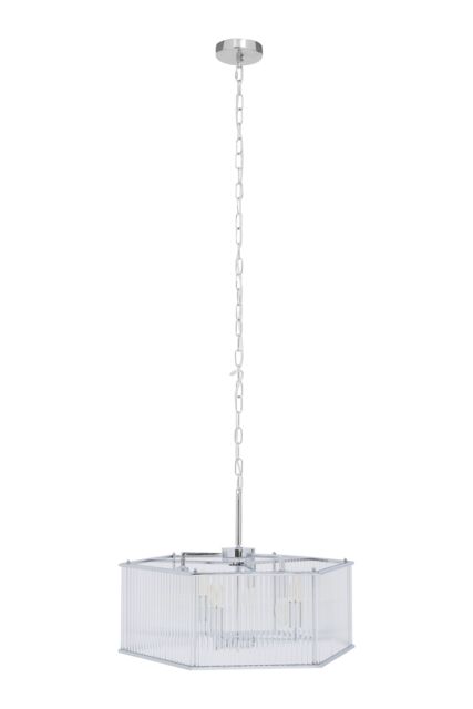 Orsina 6 Light Hexagonal Chrome Pendant Light, Adjustable Aluminium Chain Ceiling Fixture, Ribbed Glass Rods in Silver - image 1