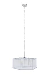 Orsina 6 Light Hexagonal Chrome Pendant Light, Adjustable Aluminium Chain Ceiling Fixture, Ribbed Glass Rods in Silver